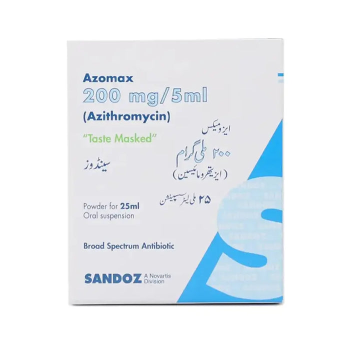 Azomax tablets and syrup packaging on white background