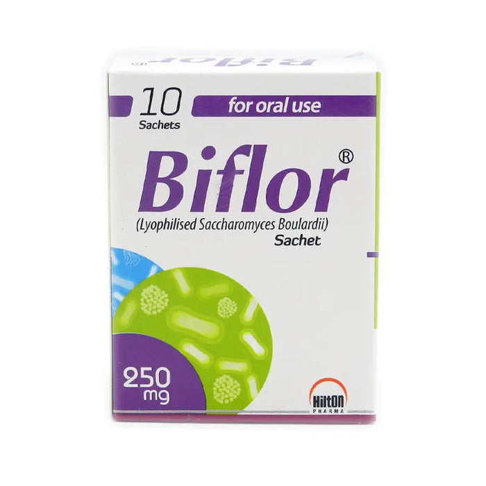 Biflor Sachet box showing packaging, probiotic use for diarrhea and gut health in Pakistan