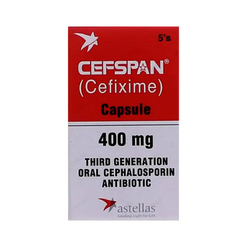 Cefspan 400mg tablets and syrup bottles displayed on a pharmacy counter in Pakistan