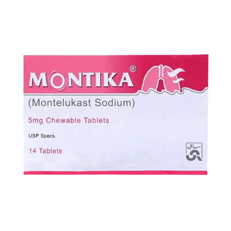 Montika sachet and tablet packaging on a pharmacy counter