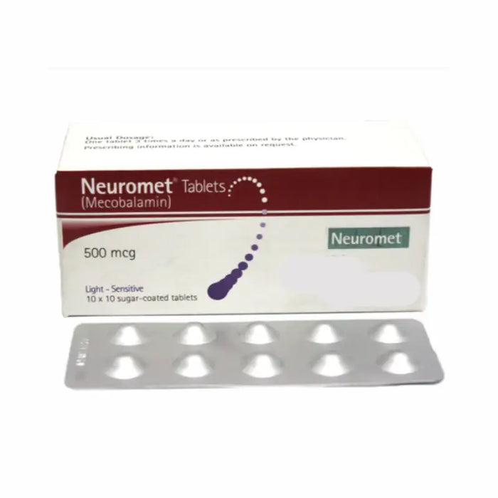 Neuromet tablet pack containing mecobalamin 500 mcg placed on a pharmacy counter in Pakistan