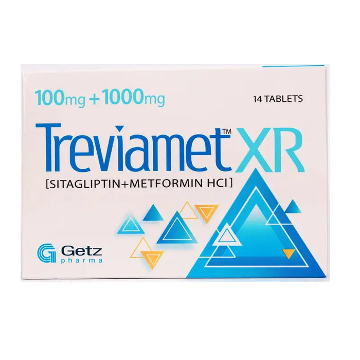 A pack of treviamet tablets lying across a pristine white pharmacy counter