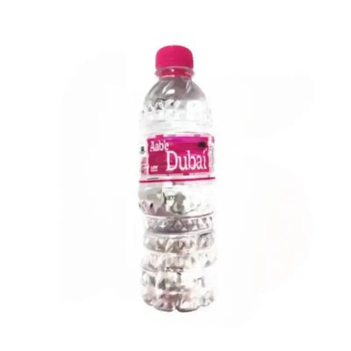 Clear water bottle with pink cap and label on a white background