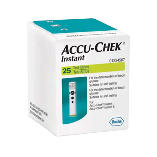 Box of Accu-Chek Instant test strips with Roche logo on a white background