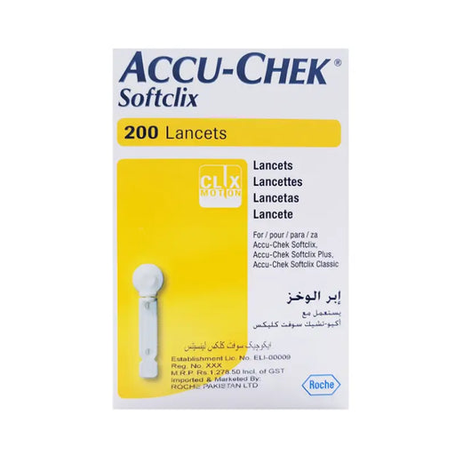 Accu-Chek Softclix lancet device packaging with yellow and white design on a white background