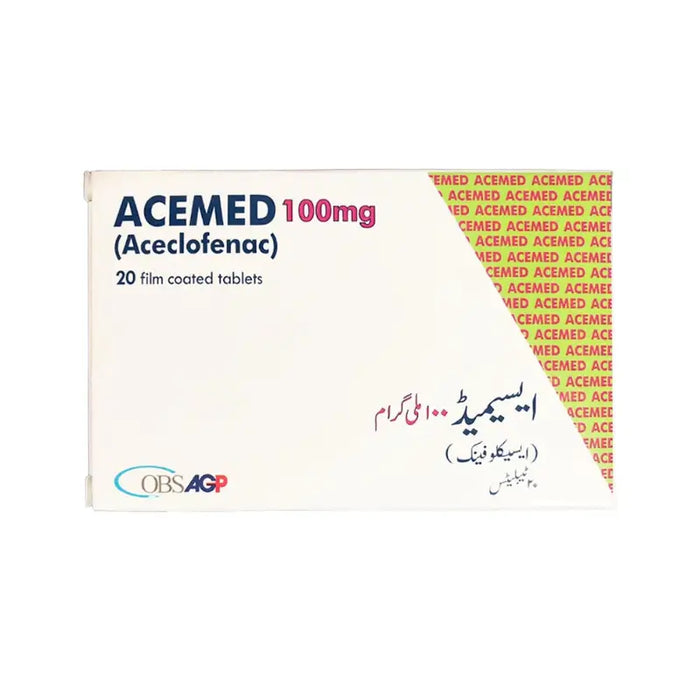 Box of Acemed 100mg Aceclofenac tablets with branding on a white background