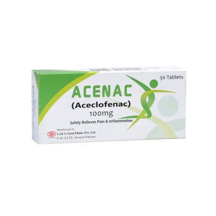 Box of Acenac Aceclofenac 100mg tablets on a white background