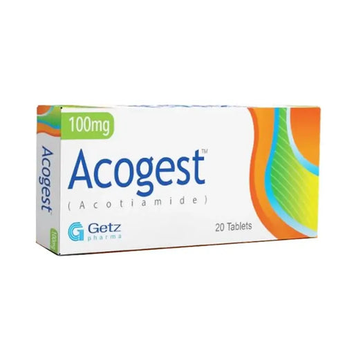 Box of Acogest tablets with colorful design on a white background