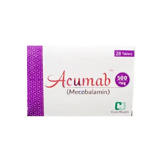Box of Acumab Mecobalamin tablets with purple and white design on a white background