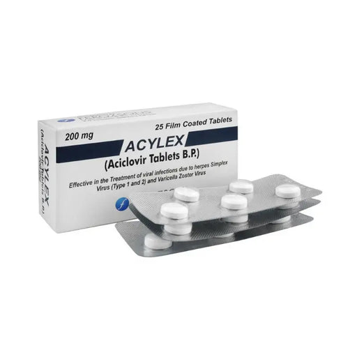 Acylex acidlovir tablets packaging with blister pack on a white background