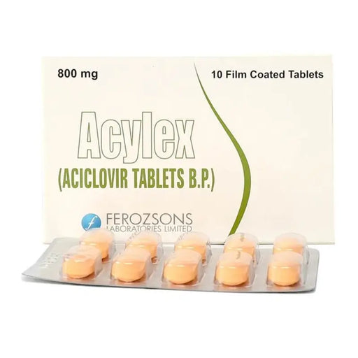 Acylex aciclovir tablets packaging with tablets on a white background