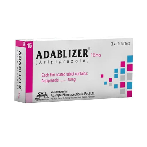 Box of Adablizer 15mg tablets with brand name and dosage information.