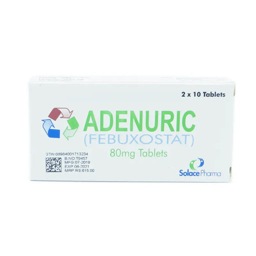Box of Adenuric (Febuxostat) 80mg tablets by Solace Pharma on a white background