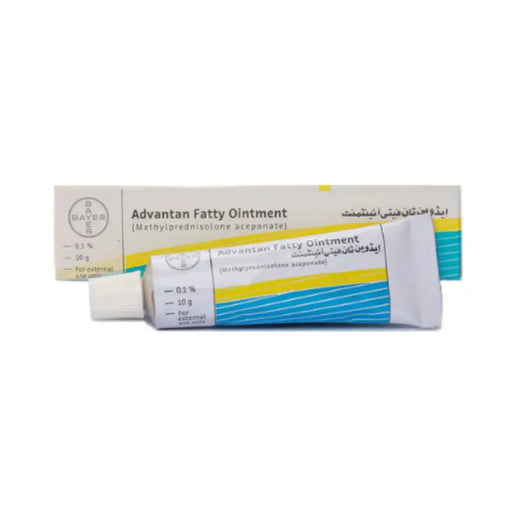 Advantan Fatty Ointment tube with packaging on a white background