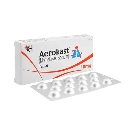Aerokast Montelukast sodium tablets packaging with blister pack on a white background