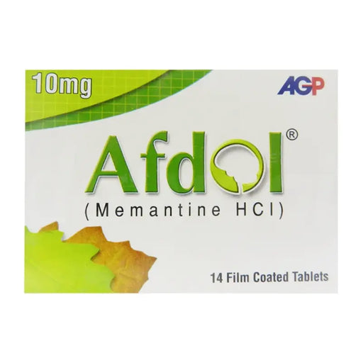 Box of Afdol (Memantine HCI) tablets with green and white design