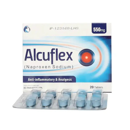 Alcuflex medication packaging with blue tablets on a white background
