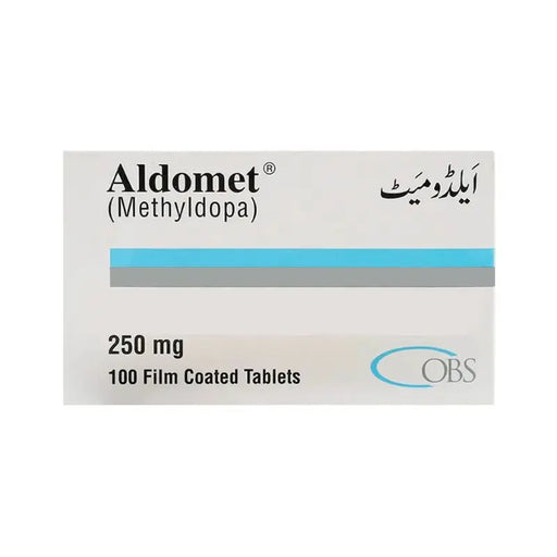 Aldomet (Methyldopa) packaging with dosage information on a white background