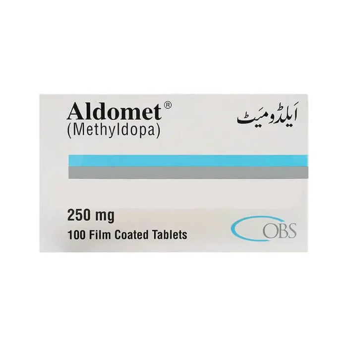 Aldomet (Methyldopa) packaging with dosage information on a white background