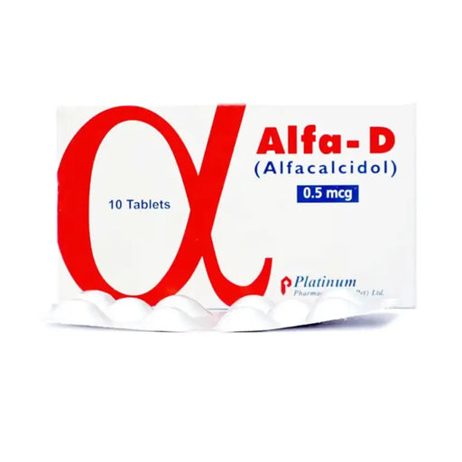 Alfa-D tablet packaging with red and blue text on a white background