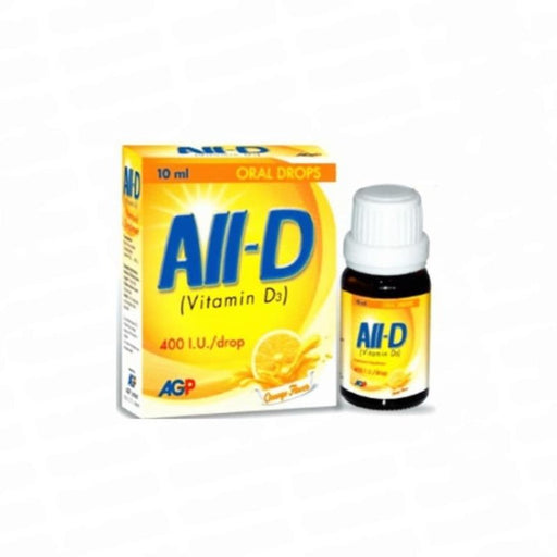 All-D Vitamin D3 oral drops packaging and bottle on a white background