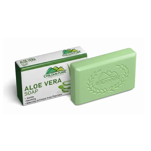 Green aloe vera soap bar with packaging on a white background