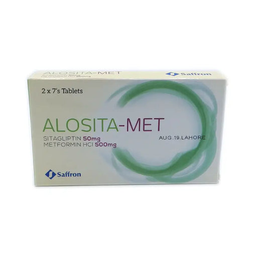 Box of Alosita-Met tablets with Saffron branding on a white background