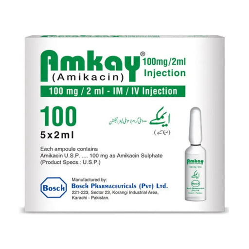 Amkay Amikacin Injection packaging with ampoule on a white background