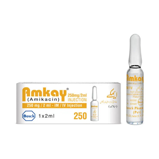 Amkay Amikacin injection packaging and ampoule on a white background