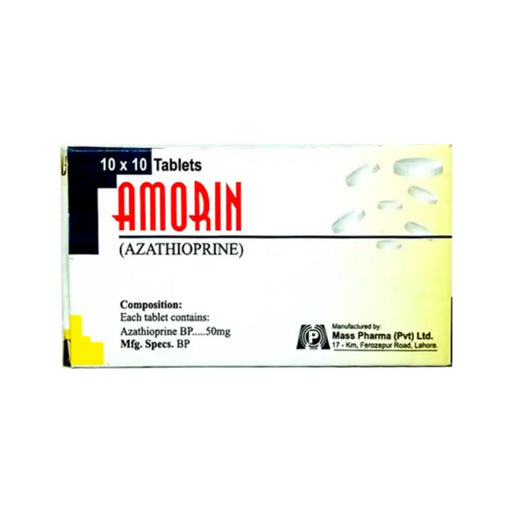 Amorin (Azathioprine) tablet packaging on a white background
