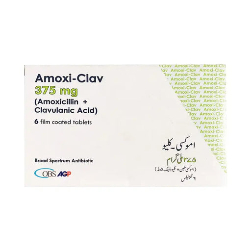 Amoxi-Clav medication box with 375 mg dosage on a white background