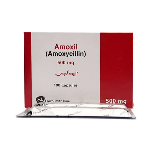 Amoxicillin packaging with red and white design, showing 'Amoxil' and '500 mg' on a white background.