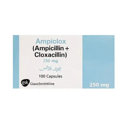 Ampiclox (Ampicillin + Cloxacillin) 250 mg packaging with GSK logo on a white background