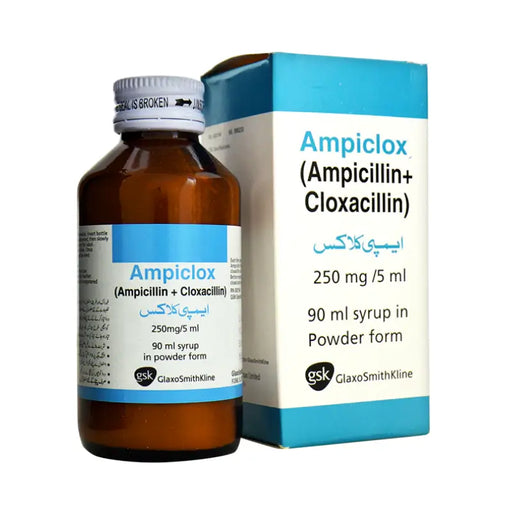 Ampiclox bottle and packaging on a white background