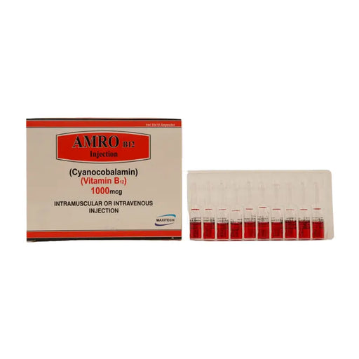 Amro B12 injection packaging with vials on a white background