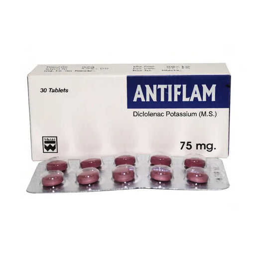 Box of Antiflam tablets with 75 mg dosage on a white background