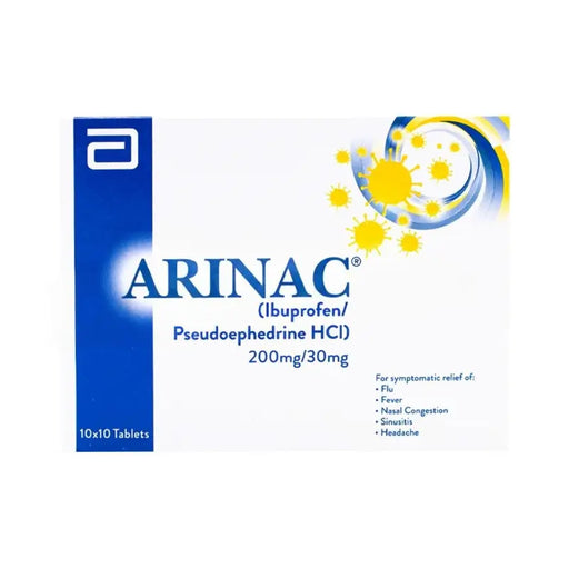Box of ARINAC medication with blue and yellow design on a white background