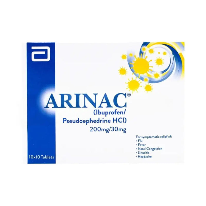 Box of ARINAC medication with blue and yellow design on a white background