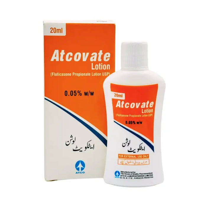 Atcovate Lotion packaging with bottle and box on a white background