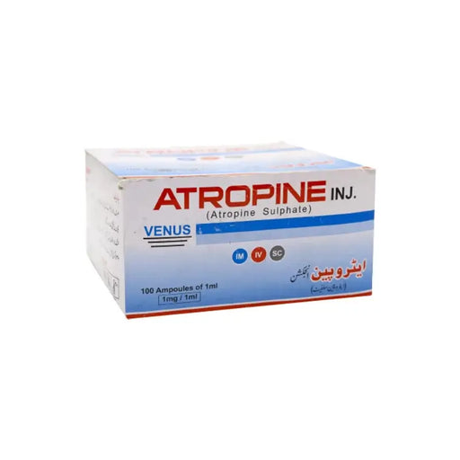 Box of Atropine INJ VENUS with medical text on a white background