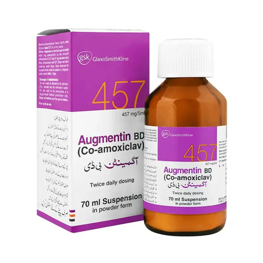 Augmentin BD (Co-amoxiclav) bottle and packaging with GlaxoSmithKline branding on a white background.