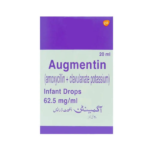 Augmentin infant drops packaging with purple and white design