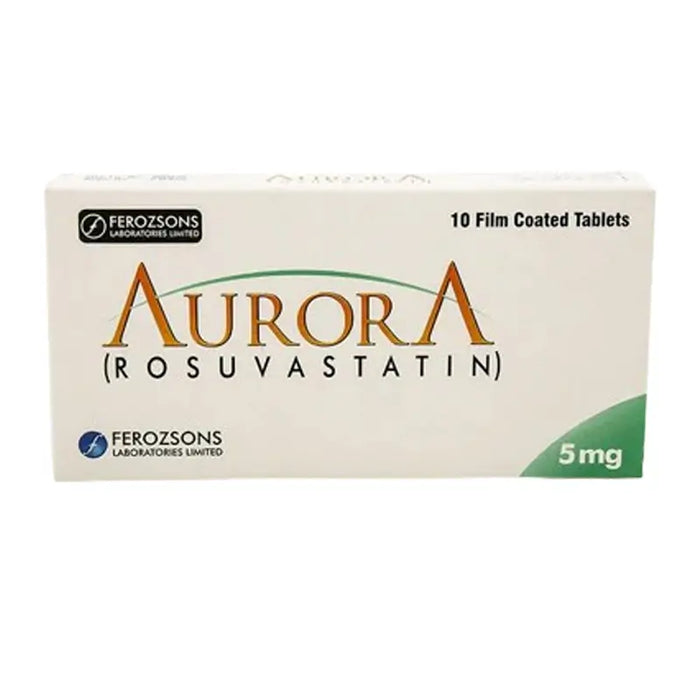 Box of Aurora Rosuvastatin tablets with Ferozsons branding on a white background