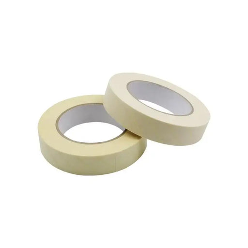 Two rolls of beige masking tape on a white background