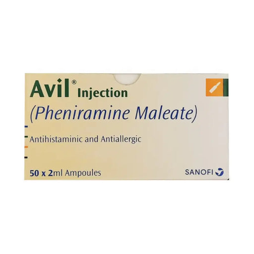 Box of Avil Injection (Pheniramine Maleate) with Sanofi logo on a white background