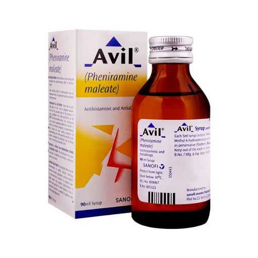 Avil syrup bottle and packaging on a white background