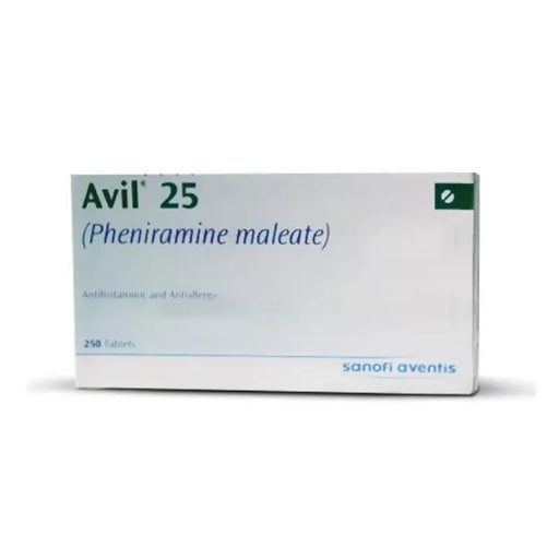 Box of Avil 25 with Pheniramine maleate on a white background
