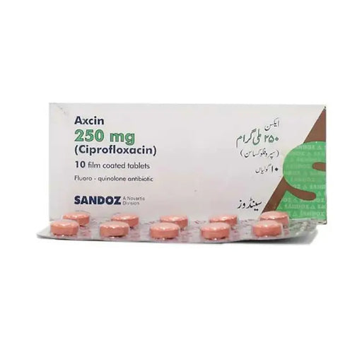 Box of Axcin 250 mg Ciprofloxacin tablets with pink pills on a white background