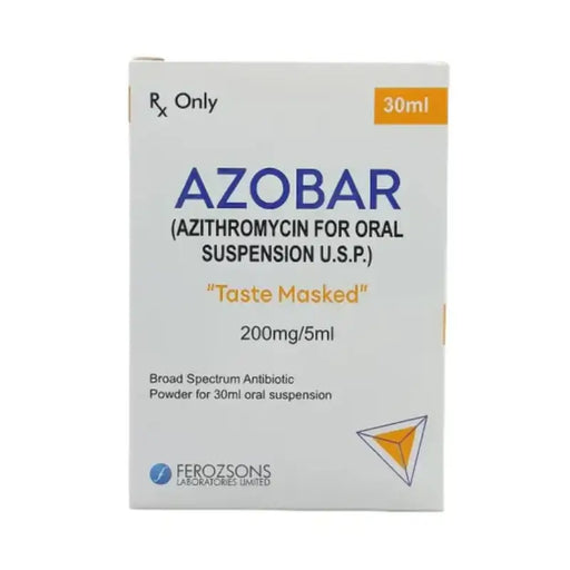 Box of Azobar (Azithromycin for oral suspension) with Ferozsons Laboratories Limited branding on a white background.
