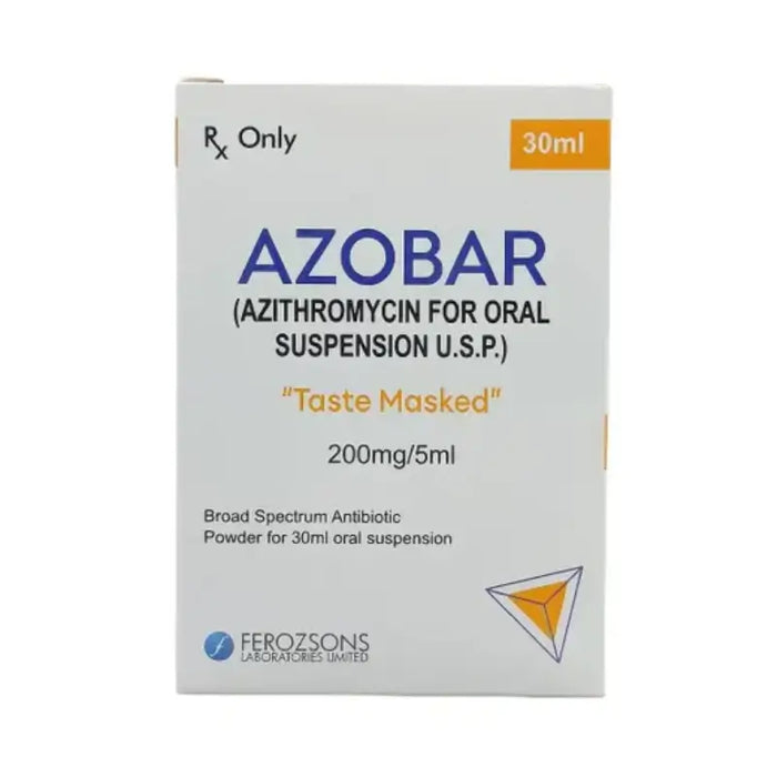 Box of Azobar (Azithromycin for oral suspension) with Ferozsons Laboratories Limited branding on a white background.